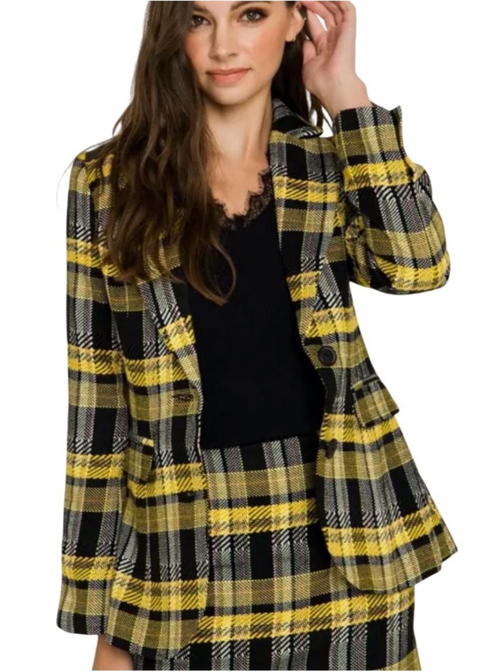 Gray Lab Yellow and Black Plaid Tailored Blazer